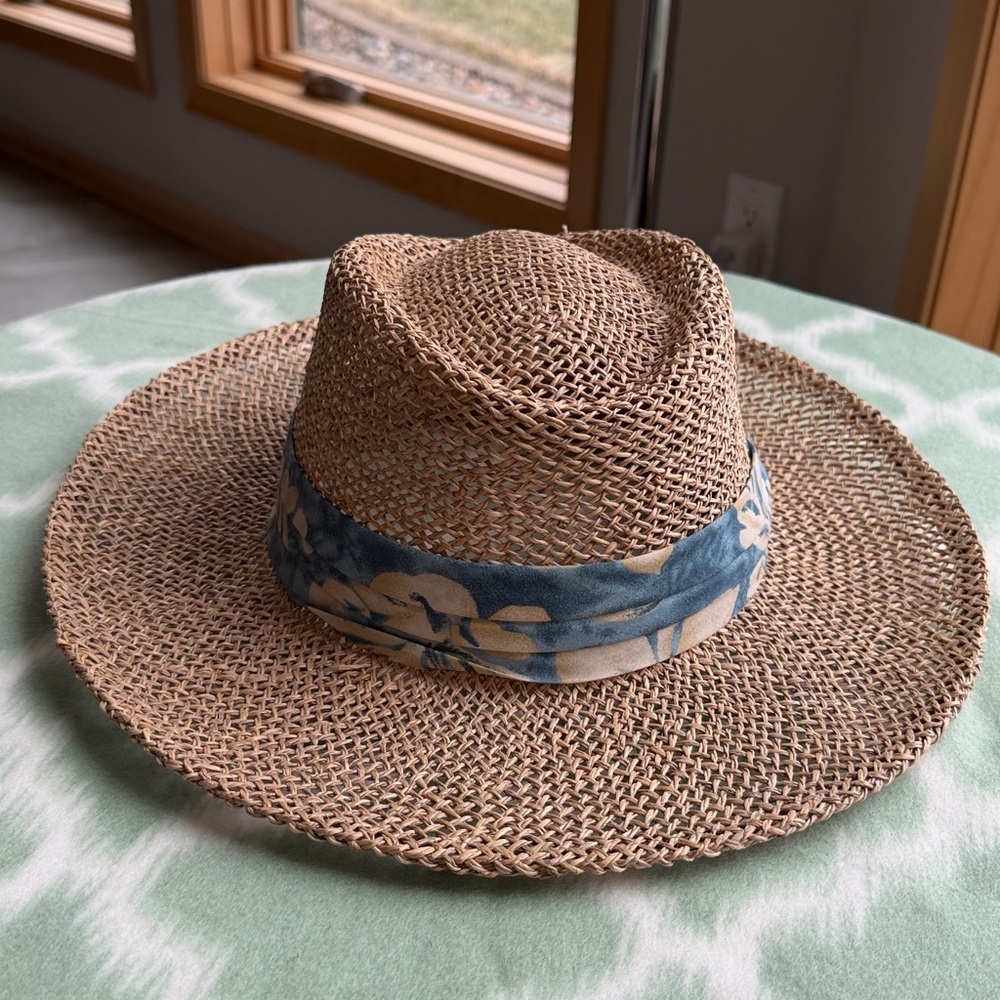 Woven Tan Straw Sun Hat with Blue Floral Fabric Band - Picture 3 of 7